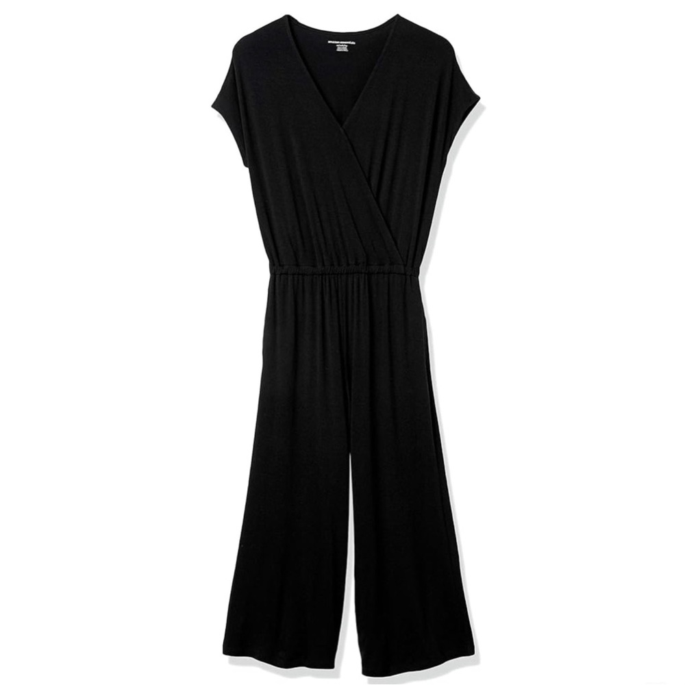 Amazon Essentials Black Surplice Cropped Wide Leg Jumpsuit